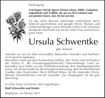 Traueranzeige von Ursula Schwentke von Mitteldeutsche Zeitung Köthen