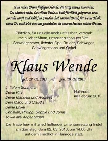 Traueranzeige von Klaus Wende von Mitteldeutsche Zeitung Sangerhausen