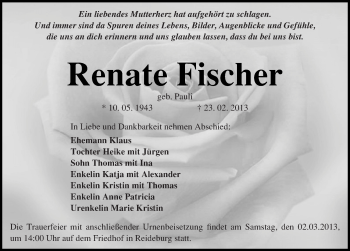 Traueranzeige von Renate Fischer von Mitteldeutsche Zeitung Halle/Saalkreis