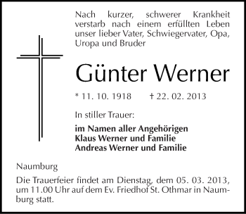 Traueranzeige von Günter Werner von Mitteldeutsche Zeitung Naumburg/Nebra