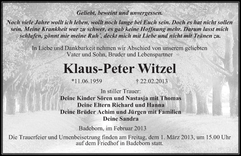  Traueranzeige für Klaus-Peter Witzel vom 26.02.2013 aus Mitteldeutsche Zeitung Quedlinburg