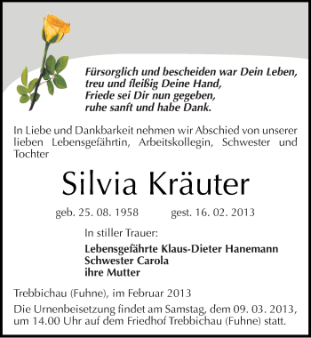 Traueranzeige von Silvia Kräuter von Mitteldeutsche Zeitung Köthen