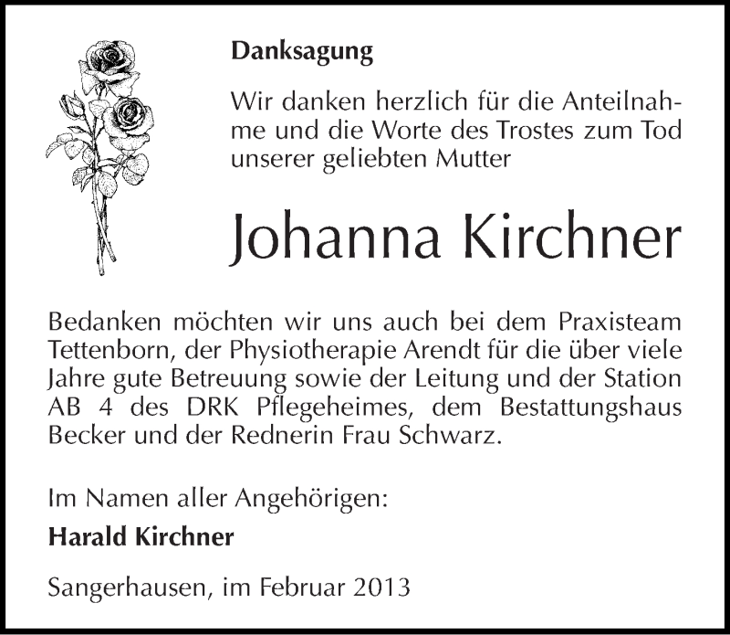  Traueranzeige für Johanna Kirchner vom 27.02.2013 aus Mitteldeutsche Zeitung Sangerhausen