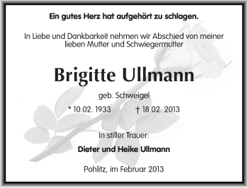 Traueranzeige von Brigitte Ullmann von Mitteldeutsche Zeitung Naumburg/Nebra