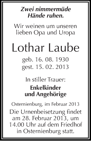 Traueranzeige von Lothar Laube von Mitteldeutsche Zeitung Köthen