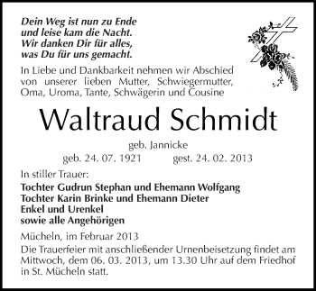 Traueranzeige von Waltraud Schmidt von Mitteldeutsche Zeitung Merseburg/Querfurt
