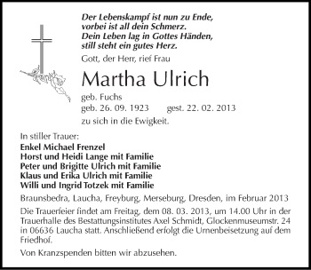 Traueranzeige von Martha Ulrich von Mitteldeutsche Zeitung Naumburg/Nebra