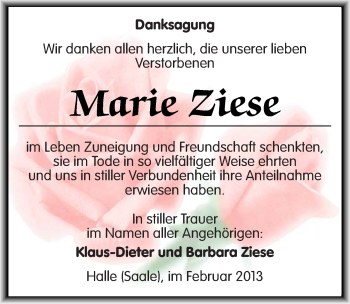 Traueranzeige von Marie Ziese von Mitteldeutsche Zeitung Halle/Saalkreis