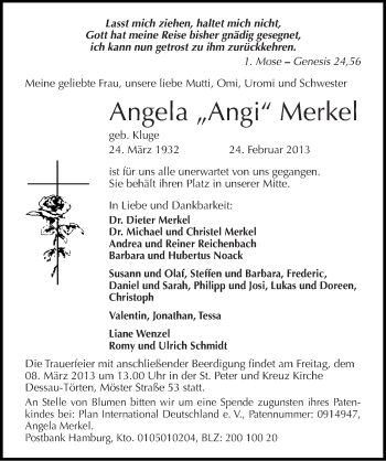 Traueranzeige von Angela Merkel von Mitteldeutsche Zeitung Dessau-Roßlau