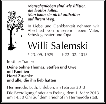 Traueranzeige von Willi Salemski von Mitteldeutsche Zeitung Mansfelder Land