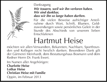 Traueranzeige von Hartmut Heise von Mitteldeutsche Zeitung Halle/Saalkreis