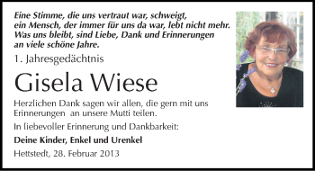 Traueranzeige von Gisela Wiese von Mitteldeutsche Zeitung Mansfelder Land