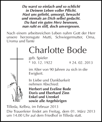 Traueranzeige von Charlotte Bode von Mitteldeutsche Zeitung Sangerhausen
