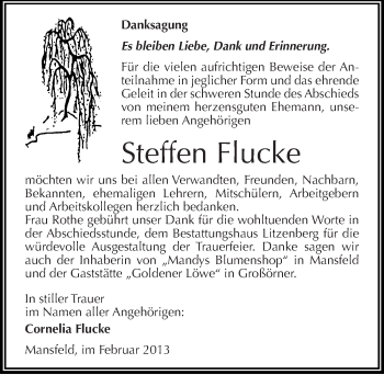 Traueranzeige von Steffen Flucke von Mitteldeutsche Zeitung Mansfelder Land