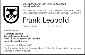 Traueranzeige von Frank Leopold von Mitteldeutsche Zeitung Quedlinburg