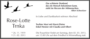 Traueranzeige von Rose-Lotte Trnka von Mitteldeutsche Zeitung Mansfelder Land