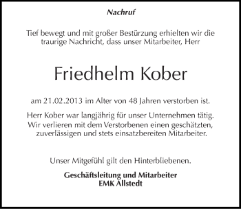 Traueranzeige von Friedhelm Kober von Mitteldeutsche Zeitung Sangerhausen