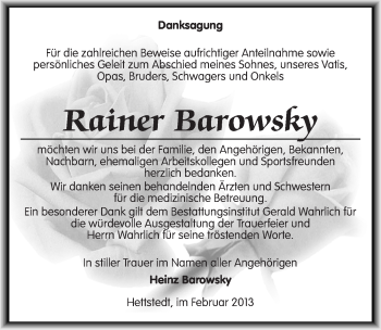 Traueranzeige von Rainer Barowsky von Mitteldeutsche Zeitung Mansfelder Land