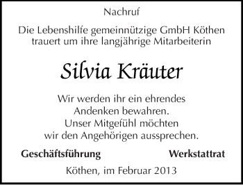 Traueranzeige von Silvia Kräuter von Mitteldeutsche Zeitung Köthen