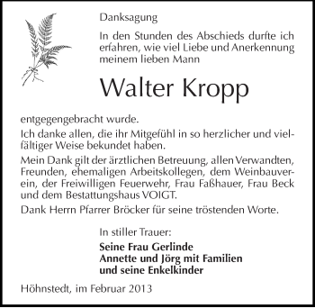 Traueranzeige von Walter Kropp von Mitteldeutsche Zeitung Halle/Saalkreis