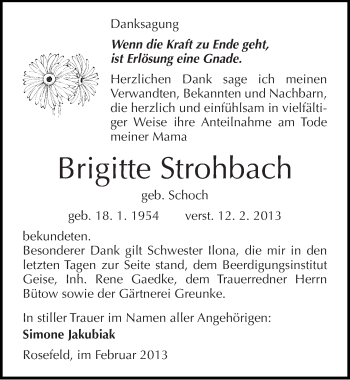 Traueranzeige von Brigitte Strohbach von Mitteldeutsche Zeitung Köthen