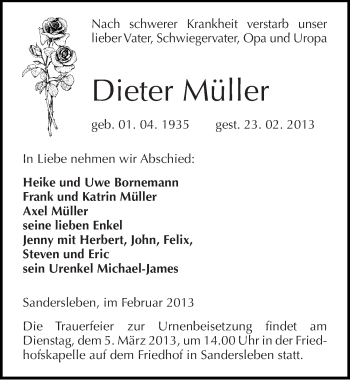 Traueranzeige von Dieter Müller von Mitteldeutsche Zeitung Aschersleben