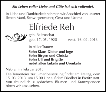 Traueranzeige von Elfriede Reh von Mitteldeutsche Zeitung Merseburg/Querfurt