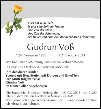 Traueranzeige von Gudrun Voß von Mitteldeutsche Zeitung Naumburg/Nebra