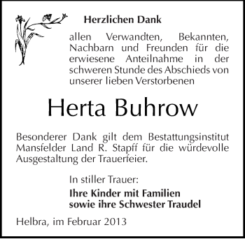 Traueranzeige von Herta Buhrow von Mitteldeutsche Zeitung Mansfelder Land