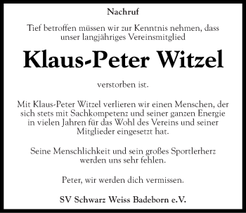 Traueranzeige von Klaus-Peter Witzel von Mitteldeutsche Zeitung Quedlinburg