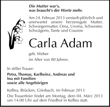 Traueranzeige von Carla Adam von Mitteldeutsche Zeitung Sangerhausen