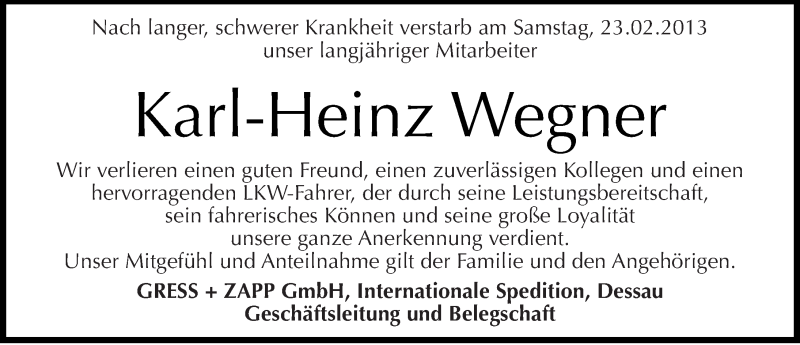  Traueranzeige für Karl-Heinz Wegner vom 28.02.2013 aus Mitteldeutsche Zeitung Bernburg