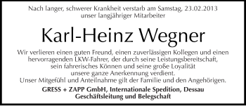 Traueranzeige von Karl-Heinz Wegner von Mitteldeutsche Zeitung Bernburg