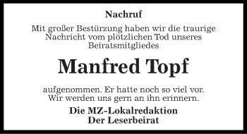 Traueranzeige von Manfred Topf von Mitteldeutsche Zeitung Aschersleben