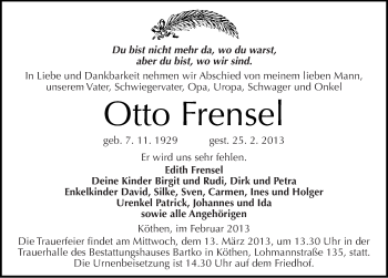 Traueranzeige von Otto Frensel von Mitteldeutsche Zeitung Köthen