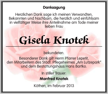 Traueranzeige von Gisela Knotek von Mitteldeutsche Zeitung Köthen