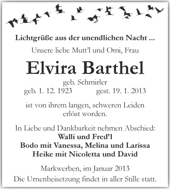 Traueranzeige von Elvira Barthel von Mitteldeutsche Zeitung Weißenfels