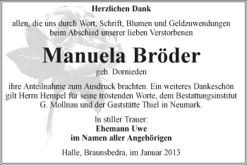 Traueranzeige von Manuela Bröder von Mitteldeutsche Zeitung Merseburg/Querfurt