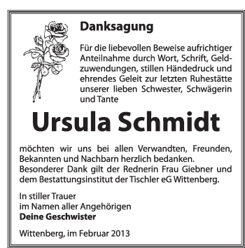 Traueranzeige von Ursula Schmidt von Mitteldeutsche Zeitung Jessen