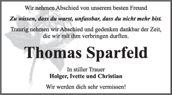 Traueranzeige von Thomas Sparfeld von Mitteldeutsche Zeitung Jessen