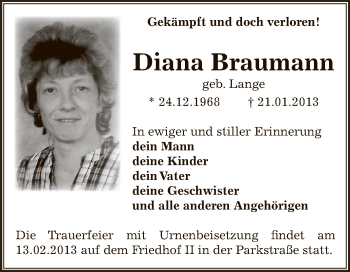 Traueranzeige von Diana Braumann von Mitteldeutsche Zeitung Bernburg