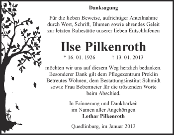 Traueranzeige von Ilse Pilkenroth von Mitteldeutsche Zeitung Quedlinburg