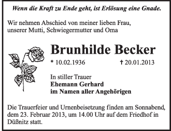 Traueranzeige von Brunhilde Becker von Mitteldeutsche Zeitung Jessen