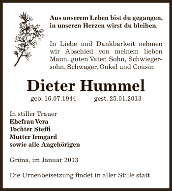 Traueranzeige von Dieter Hummel von Mitteldeutsche Zeitung Bernburg