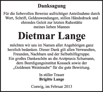 Traueranzeige von Dietmar Lange von Mitteldeutsche Zeitung Jessen