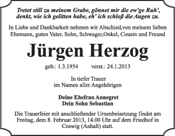 Traueranzeige von Jürgen  Herzog von Mitteldeutsche Zeitung Jessen