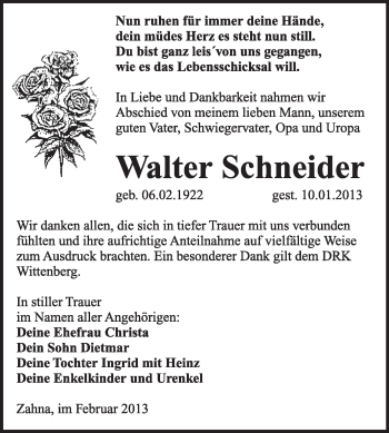 Traueranzeige von Walter Schneider von Mitteldeutsche Zeitung Jessen