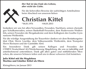 Traueranzeige von Christian Kittel von Mitteldeutsche Zeitung Weißenfels