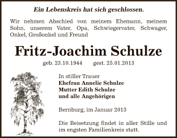 Traueranzeige von Fritz-Joachim Schulze von Mitteldeutsche Zeitung Bernburg