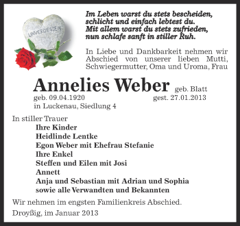 Traueranzeige von Annelies Weber von Mitteldeutsche Zeitung Zeitz
